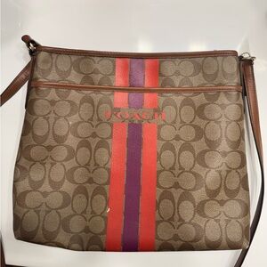 Coach Tan Crossbody Bag with Red and Purple Stripes